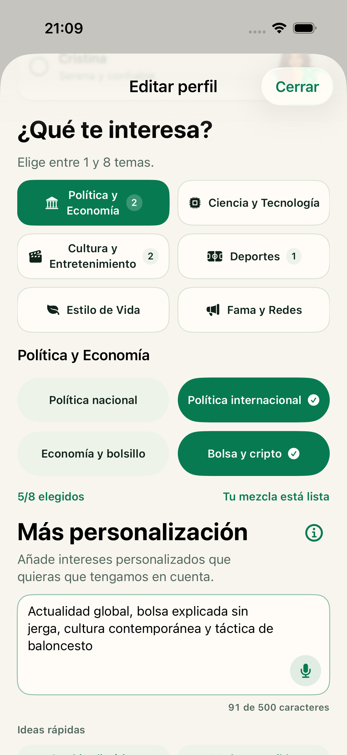 Perfil con intereses generales y temas concretos seleccionados