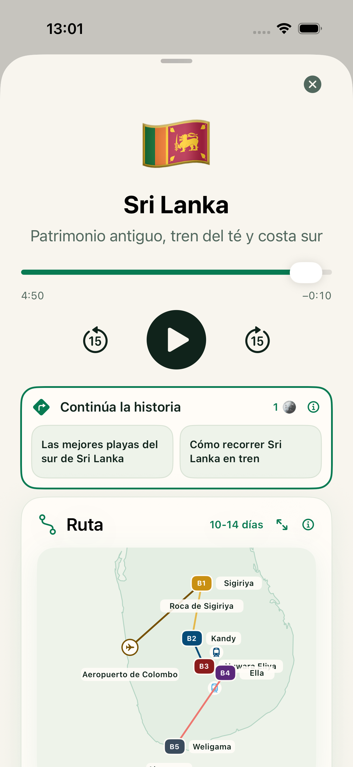 Continuaciones y ruta dentro del reproductor de la guía de viaje de Sri Lanka